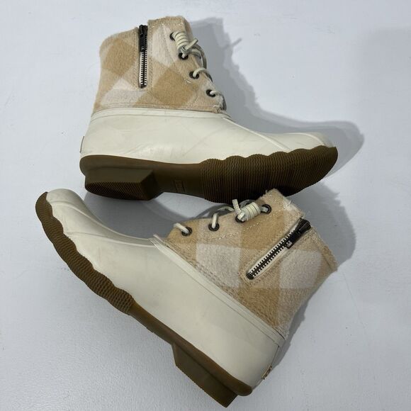 Sperry Duck Boot Womens 7.5 Cream Saltwater Buffalo Check Rain Bone Lace Up - Picture 2 of 10